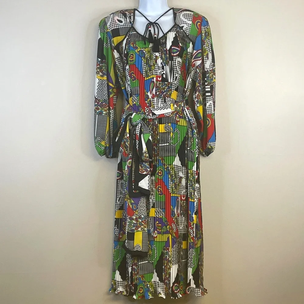 Vintage Diane Freis Original Georgette Paisley Dress L Pleated Belted Ruffle Hem